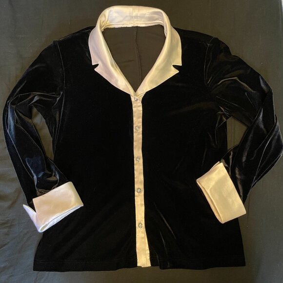 Black Velvet Long Sleeve Button Up Blouse with white collar and hand cuffs - Picture 3 of 8